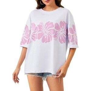 Cotton Oversized Hibiscus Tee Shirt for Women Floral Graphic Hawaiian medium